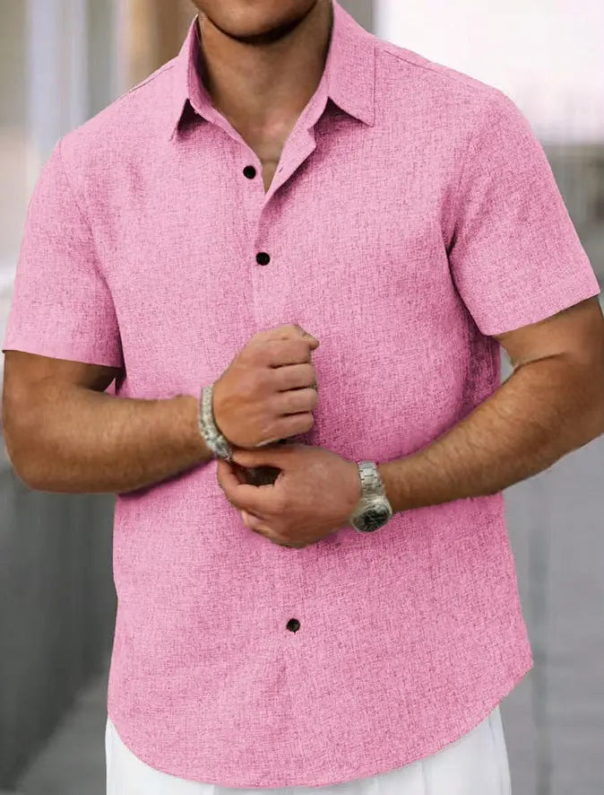 Men's Lapel Cotton And Linen Stripes Jacquard Loose Casual Shirt Easy Bazaar