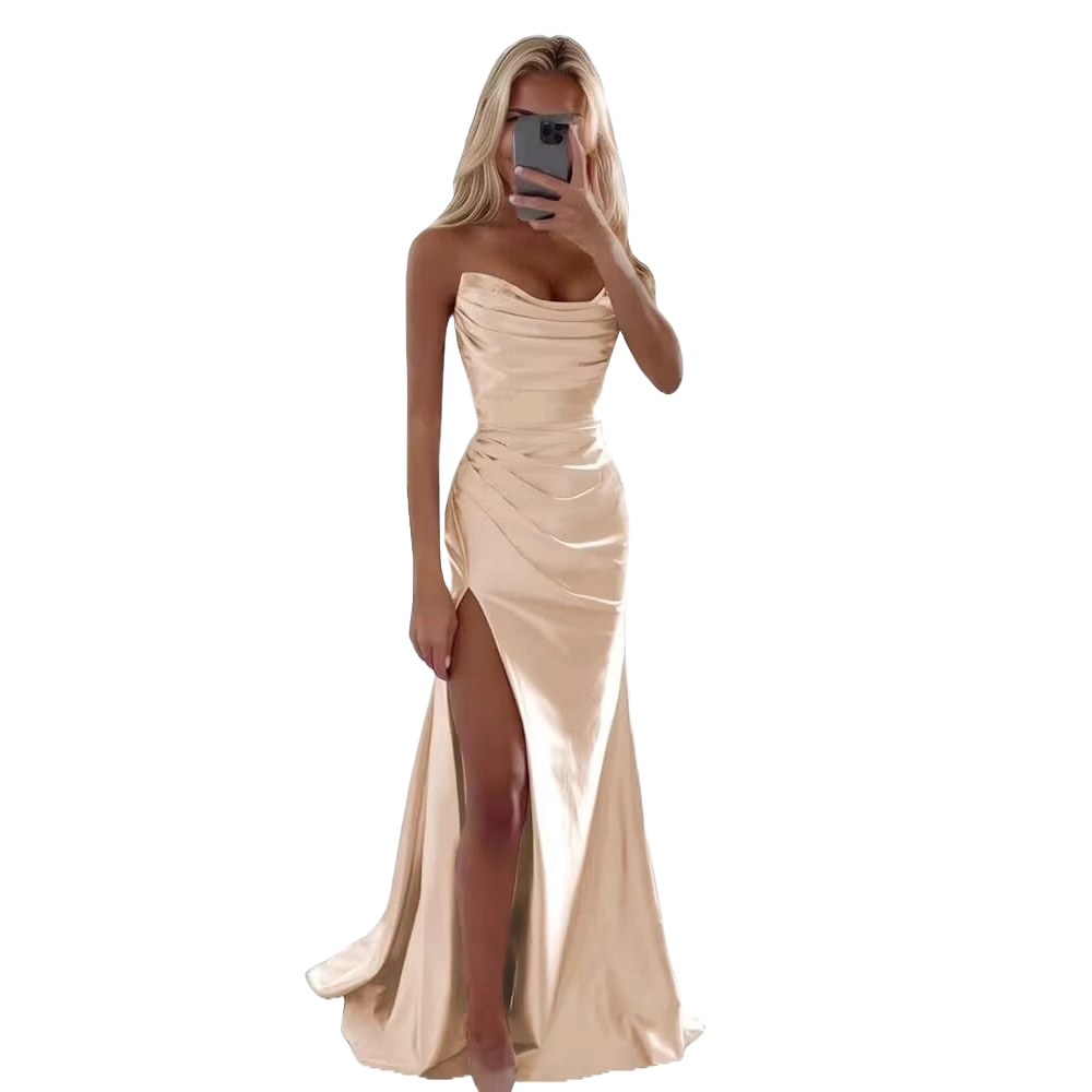 Champagne cowl neck satin dress women formal occasion