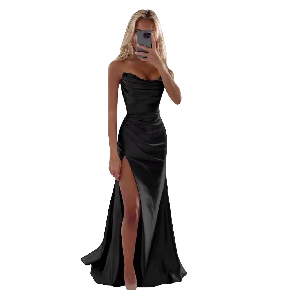 Black cowl neck satin dress women elegant evening wear