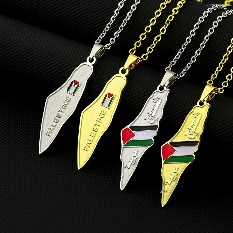Stainless steel Palestine map pendant featuring detailed engravings and colors, ideal for men and women.