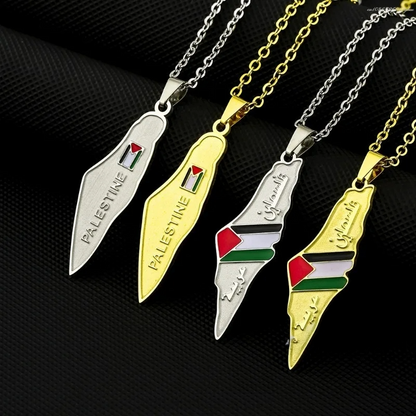 Stainless steel Palestine map pendant featuring detailed engravings and colors, ideal for men and women.