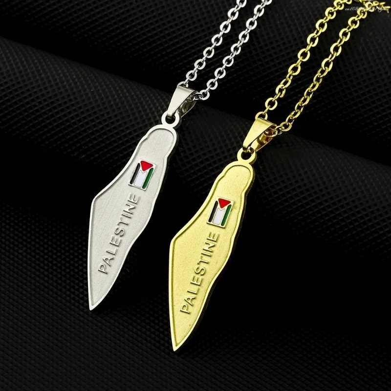 Stainless steel Palestine map pendant featuring detailed engravings and colors, ideal for men and women.