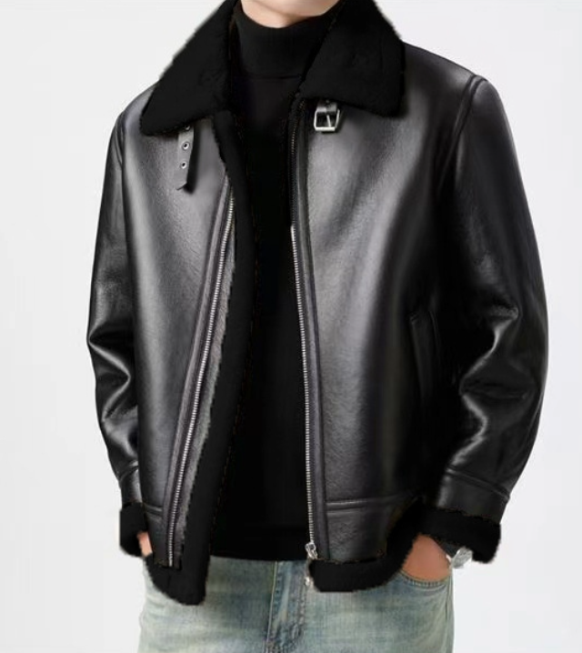 Men wearing faux leather jacket with fleece lining winter styl