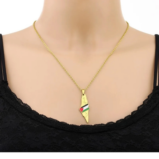 Stainless steel Palestine map pendant worn on a necklace, featuring a colorful design symbolizing Palestine.