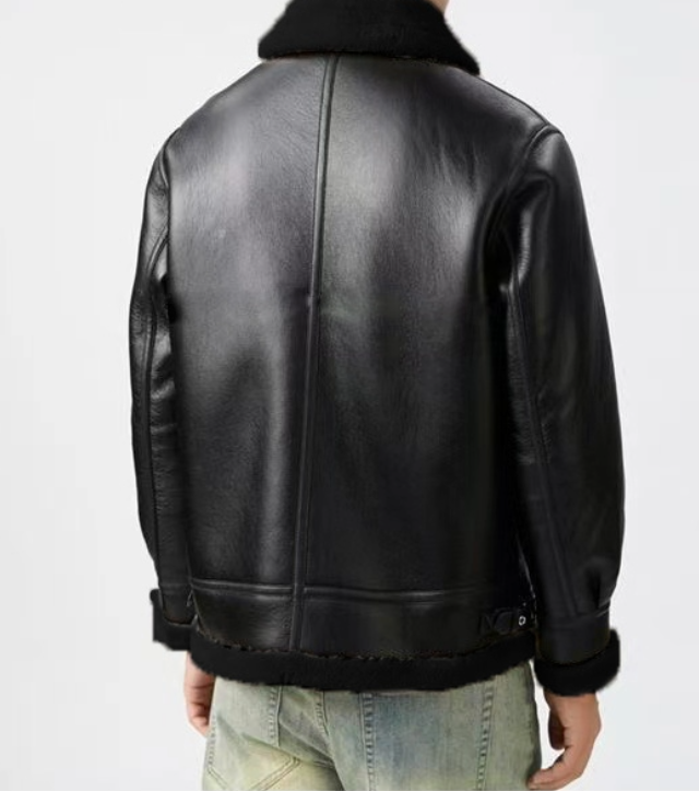 Back view of faux leather jacket with fleece lining for men