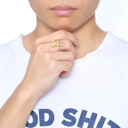Vnox Cross Men Ring Gold Tone Stainless Steel Ankh Egyptian Key of the Life Male Finger Rings Jewelry