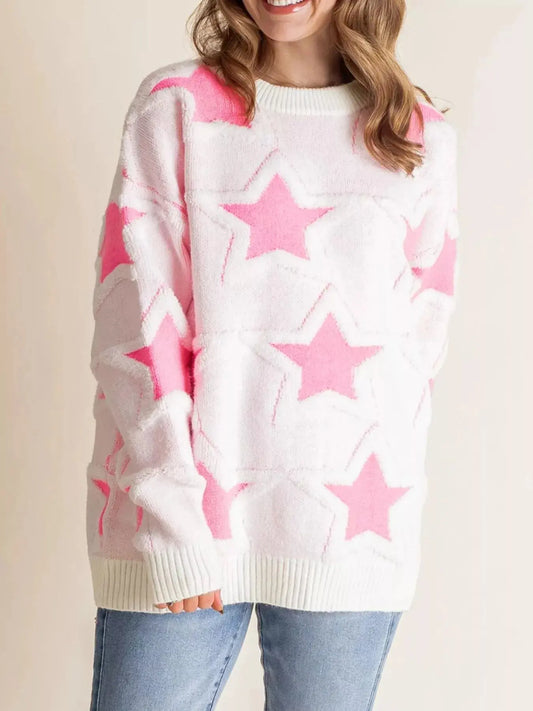 Oversized Star Pattern Ribbed Edge Drop Shoulder Sweater Trendsi
