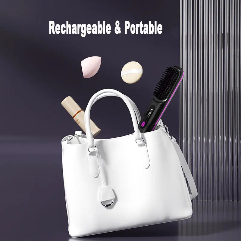 2 In 1 Straight Hair Comb Wireless Hair Straightener Brush Hair Fast Heating Portable Hot Curler USB Charging Easy Bazaar