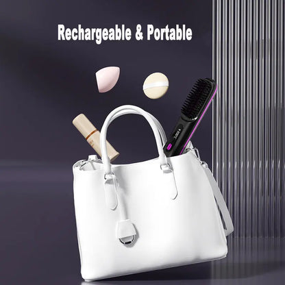 2 In 1 Straight Hair Comb Wireless Hair Straightener Brush Hair Fast Heating Portable Hot Curler USB Charging Easy Bazaar