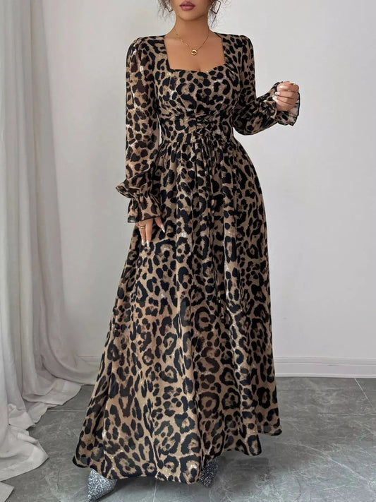 Leopard Sweetheart Neck Flounce Sleeve Maxi Dress Trendsi