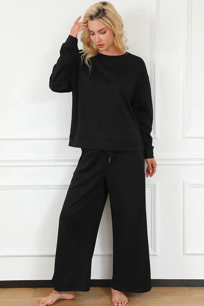 Double Take Full Size Textured Long Sleeve Top and Drawstring Pants Set Trendsi