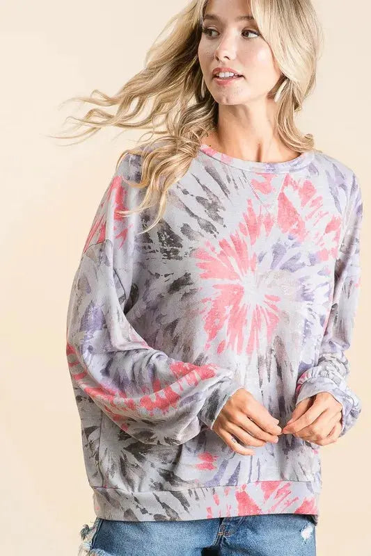 BiBi Tie Dye Print Terry Pull Over Trendsi