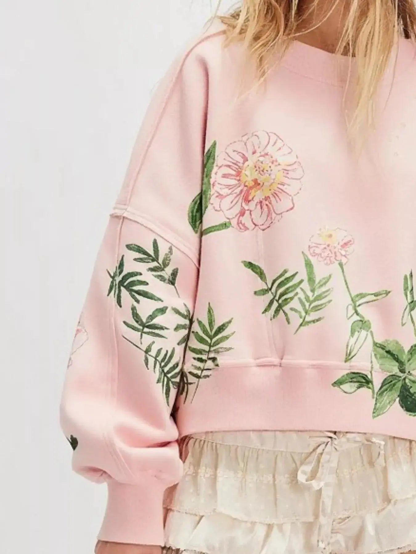 Printed Round Neck Dropped Shoulder Sweatshirt Trendsi