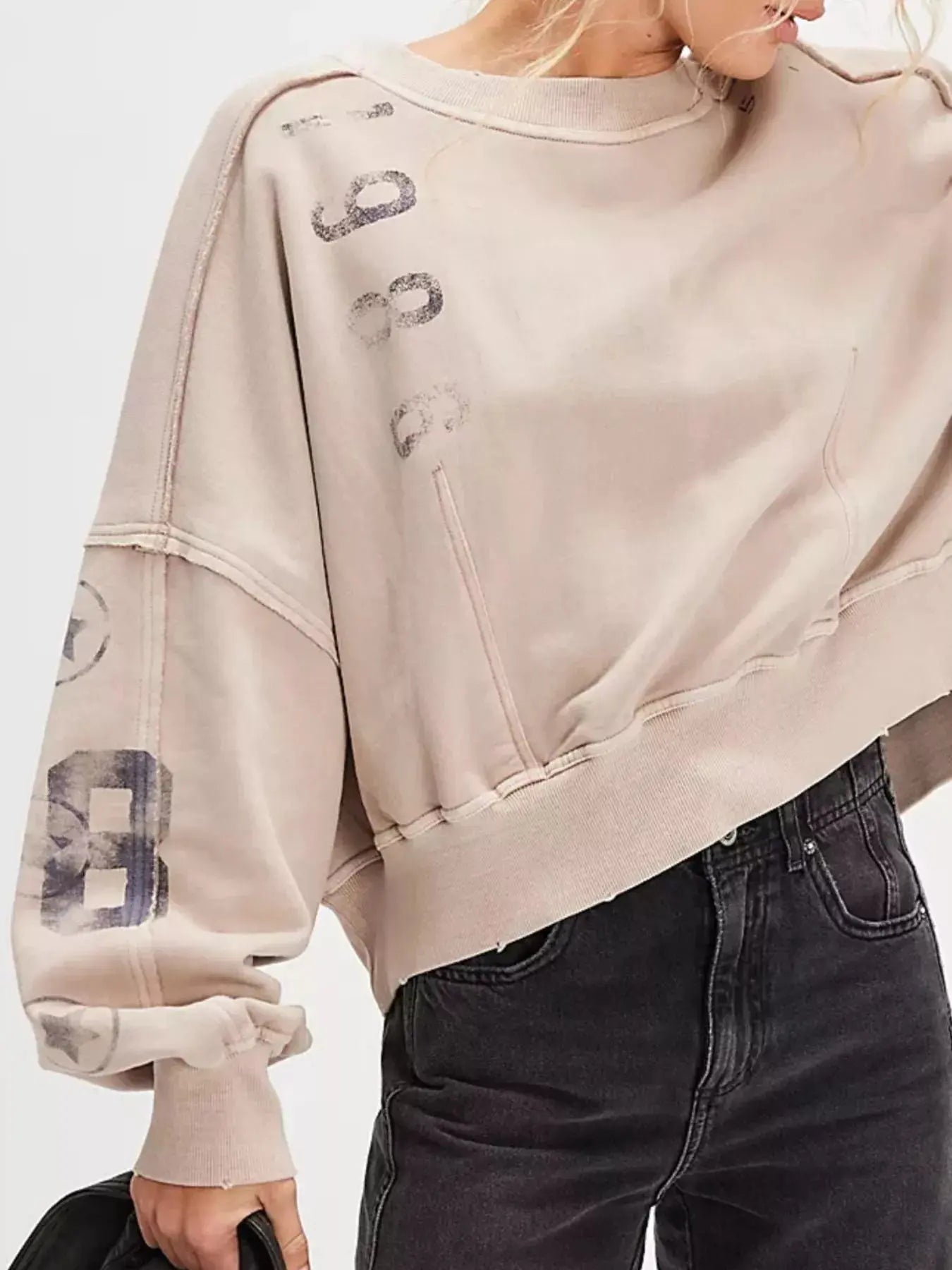 Printed Round Neck Dropped Shoulder Sweatshirt Trendsi