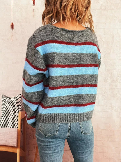 Striped Round Neck Long Sleeve Sweater Trendsi