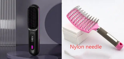 2 In 1 Straight Hair Comb Wireless Hair Straightener Brush Hair Fast Heating Portable Hot Curler USB Charging Easy Bazaar