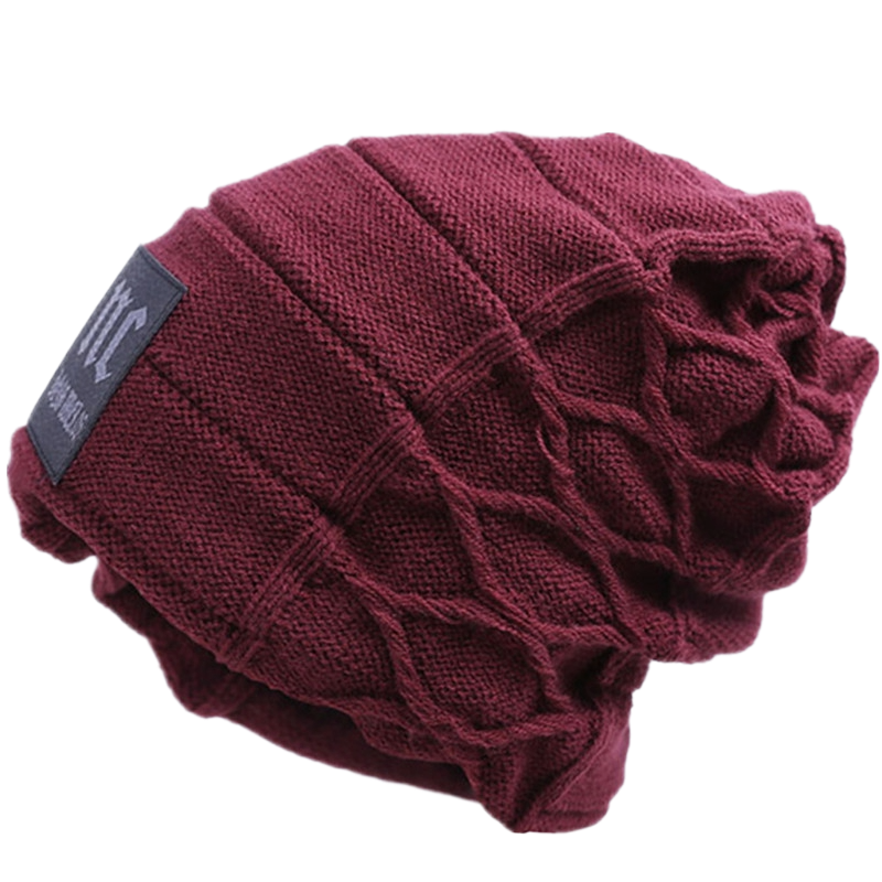 Burgundy knitted winter beanie hat with fleece lining - men's cold weather headwear"