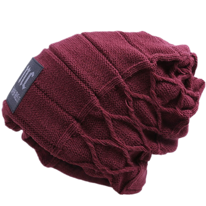 Burgundy knitted winter beanie hat with fleece lining - men's cold weather headwear"