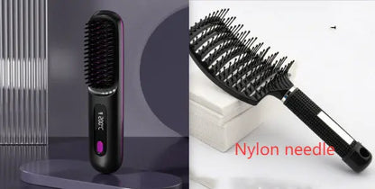 2 In 1 Straight Hair Comb Wireless Hair Straightener Brush Hair Fast Heating Portable Hot Curler USB Charging Easy Bazaar