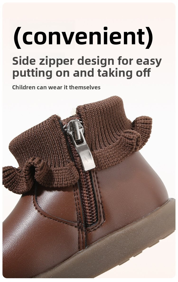 Baby boots with Fleece lining showing side zipper design for easy putting on and taking off.