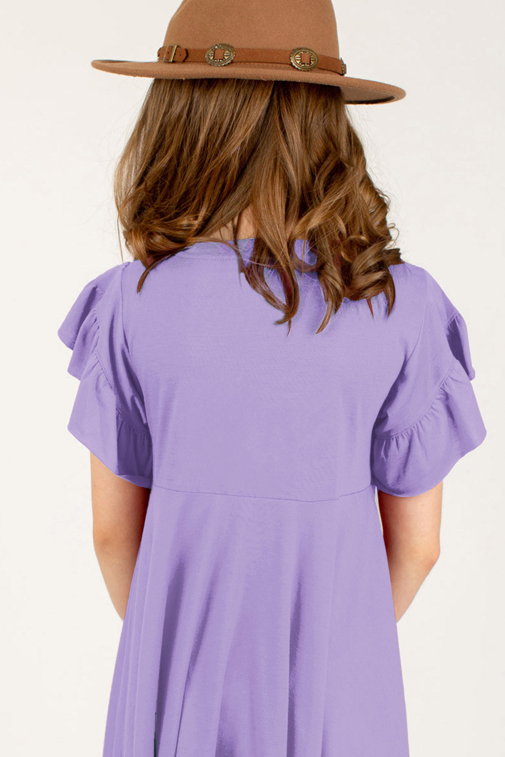 Girls round neck petal sleeve dress in lavender