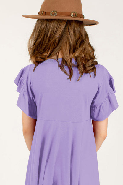 Girls round neck petal sleeve dress in lavender