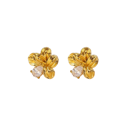  "Pair of 18K gold-plated flower stud earrings on white background"