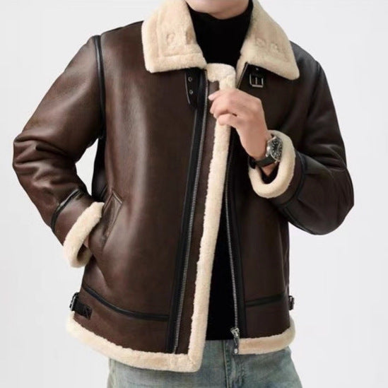 Faux leather jacket with fleece lining for men front view