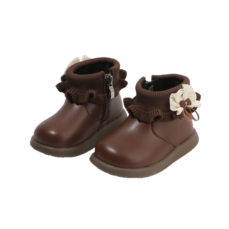Baby boots with Fleece lining and rubber sole, featuring stylish ruffle and flower design for comfort and warmth.