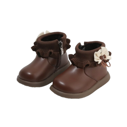 Baby boots with Fleece lining and rubber sole, featuring stylish ruffle and flower design for comfort and warmth.
