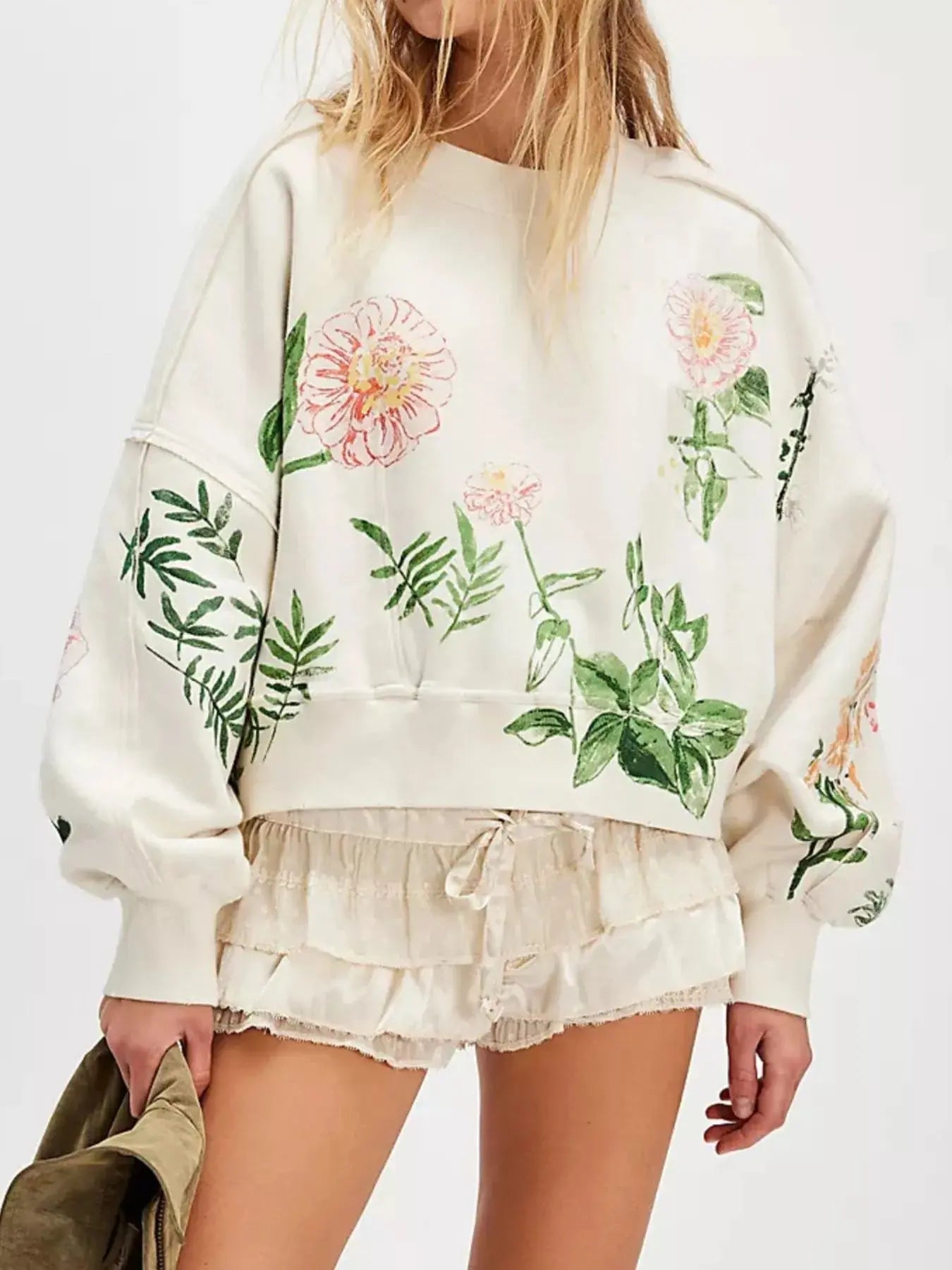 Printed Round Neck Dropped Shoulder Sweatshirt Trendsi