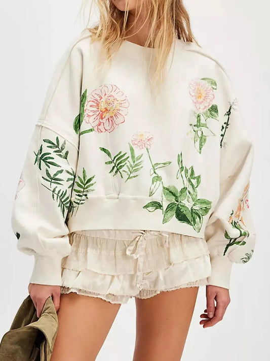 Printed Round Neck Dropped Shoulder Sweatshirt Trendsi