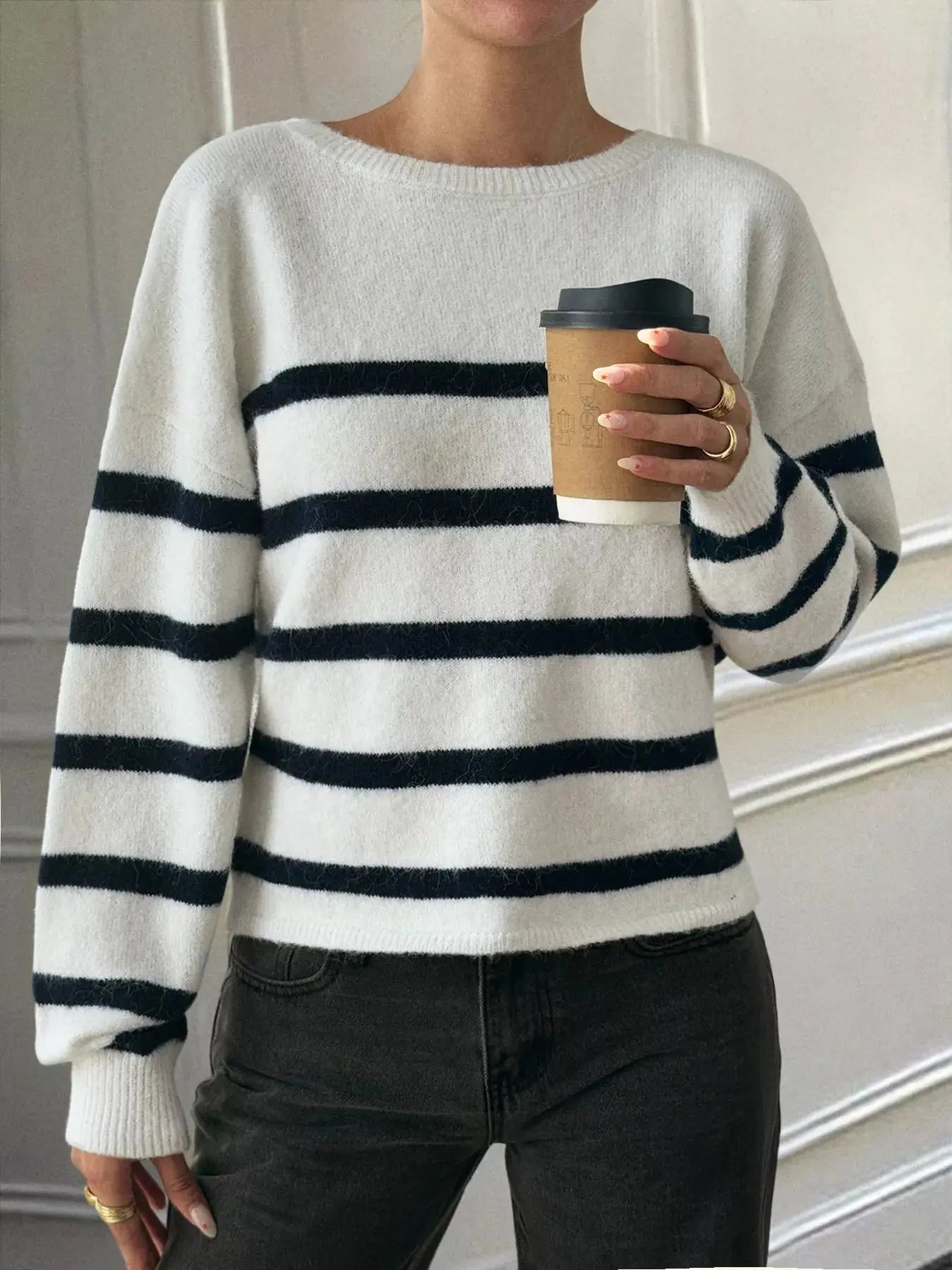 Striped Round Neck Long Sleeve Knit Top Trendsi
