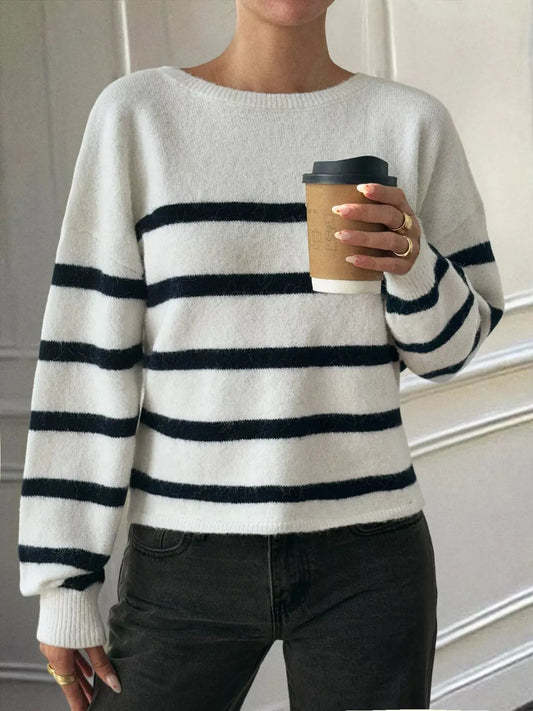 Striped Round Neck Long Sleeve Knit Top Trendsi