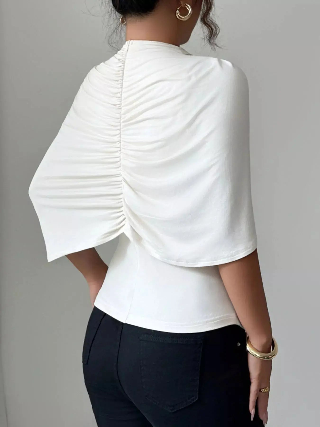 Ruched Mock Neck Shawl Half Sleeve Top Trendsi