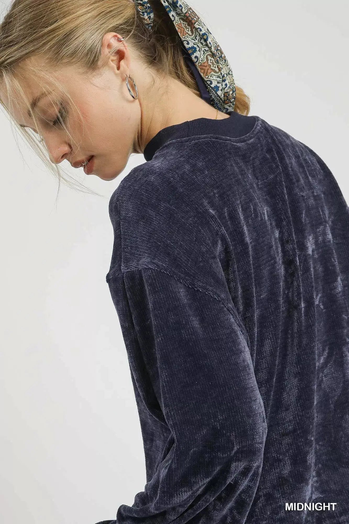 Umgee Velour Crewneck Balloon Sleeve Sweatshirt Trendsi