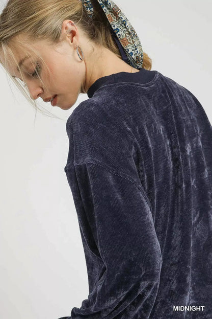 Umgee Velour Crewneck Balloon Sleeve Sweatshirt Trendsi