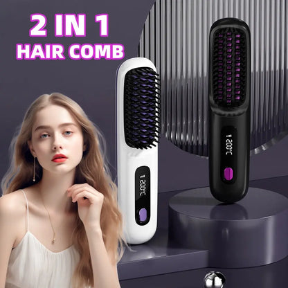 2 In 1 Straight Hair Comb Wireless Hair Straightener Brush Hair Fast Heating Portable Hot Curler USB Charging Easy Bazaar