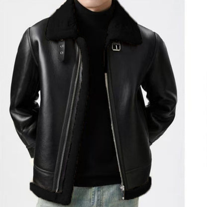 Men’s faux leather jacket with fleece lining black color