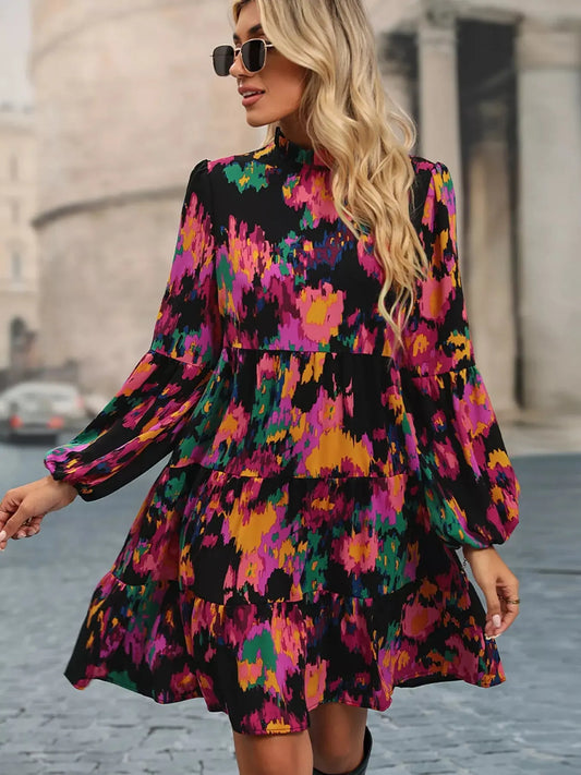 Printed Balloon Sleeve Mini Dress Trendsi