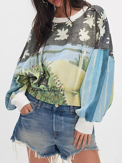 Printed Round Neck Dropped Shoulder Sweatshirt Trendsi