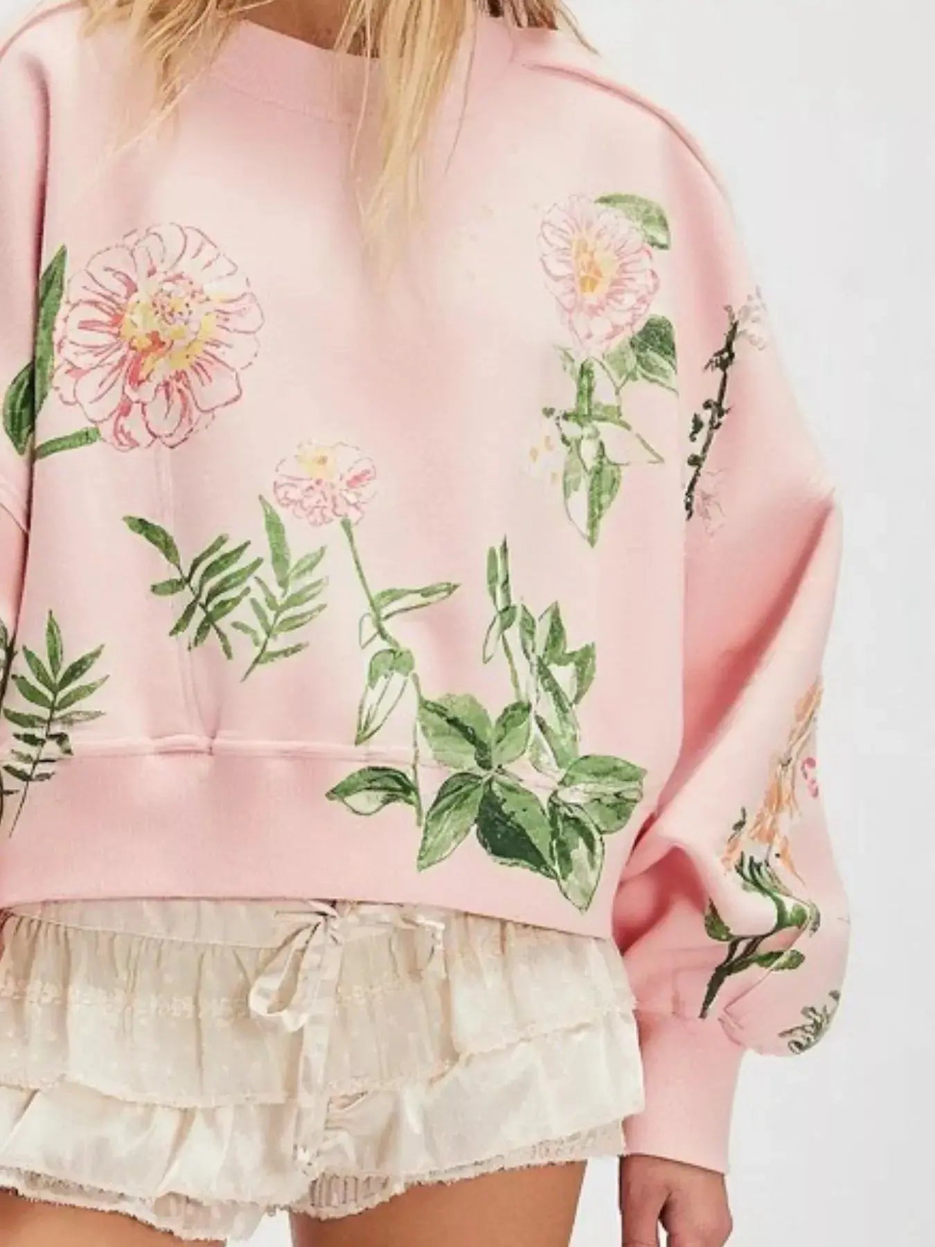 Printed Round Neck Dropped Shoulder Sweatshirt Trendsi