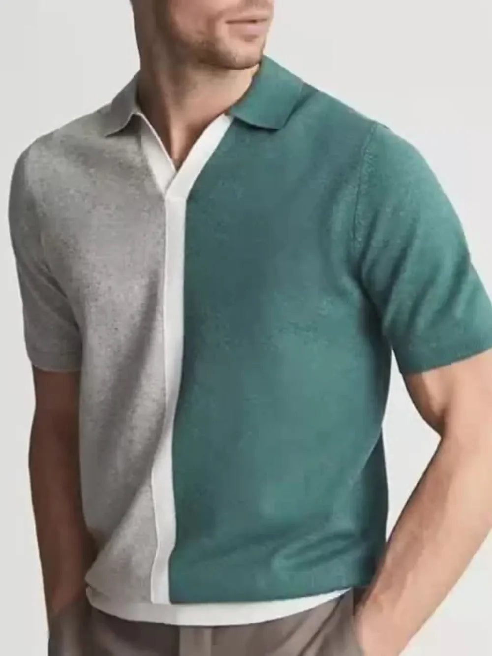  "Men's polo shirt color block design teal gray short sleeve"