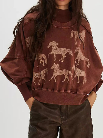 Printed Round Neck Dropped Shoulder Sweatshirt Trendsi