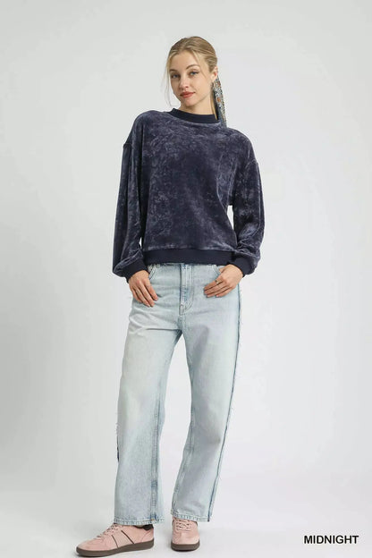 Umgee Velour Crewneck Balloon Sleeve Sweatshirt Trendsi