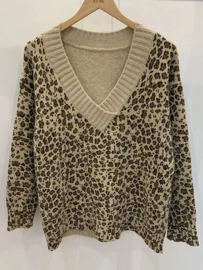 Leopard V-Neck Long Sleeve Sweater Trendsi