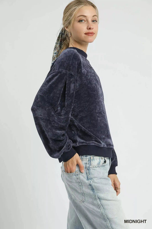 Umgee Velour Crewneck Balloon Sleeve Sweatshirt Trendsi