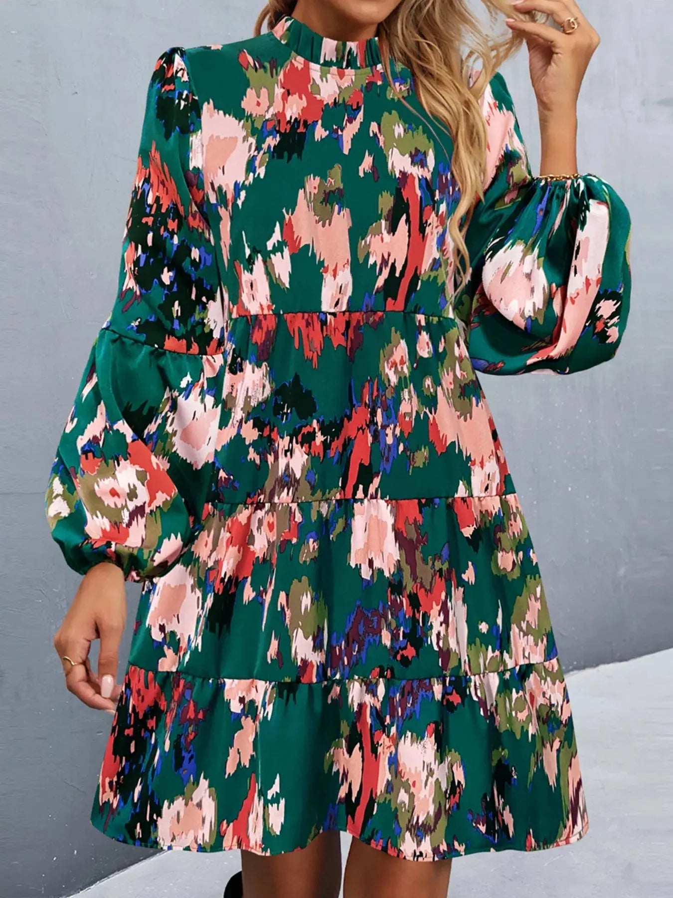 Printed Balloon Sleeve Mini Dress Trendsi