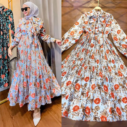 Muslim Malay Indonesian Ruffled Printed Dress Easy Bazaar