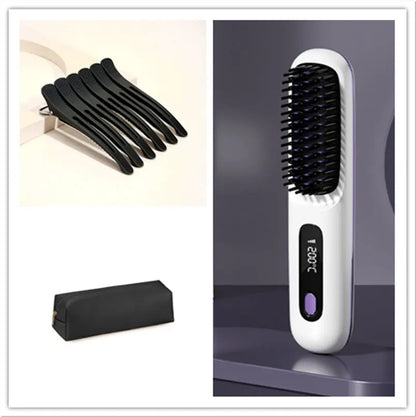 2 In 1 Straight Hair Comb Wireless Hair Straightener Brush Hair Fast Heating Portable Hot Curler USB Charging Easy Bazaar